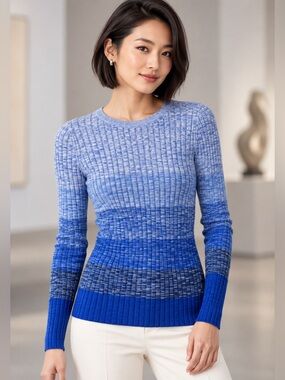 ❤️ Ann Taylor Ribbed Ombre Blue Cotton Blend Sweater Women's Small Long Sleeve ❤